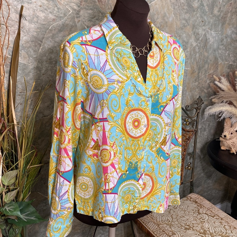 Jane & Delancey 🌹 shirt, top blouse tunic sleeve button collar paisley nautical - Picture 6 of 12